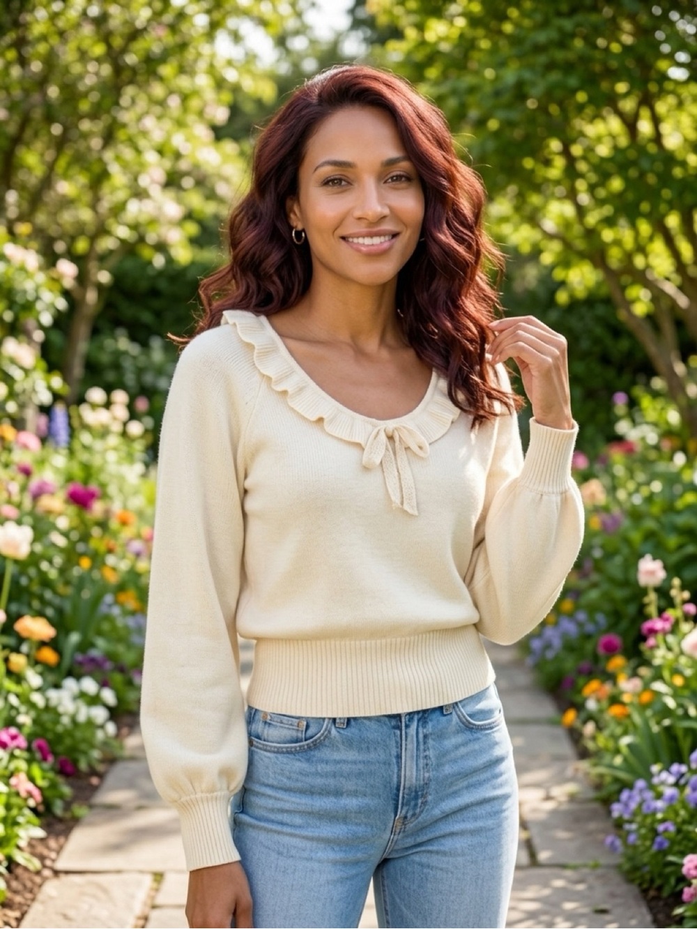 Altar'd State Cream Ruffle-Trim Scoop Sweater with Tie